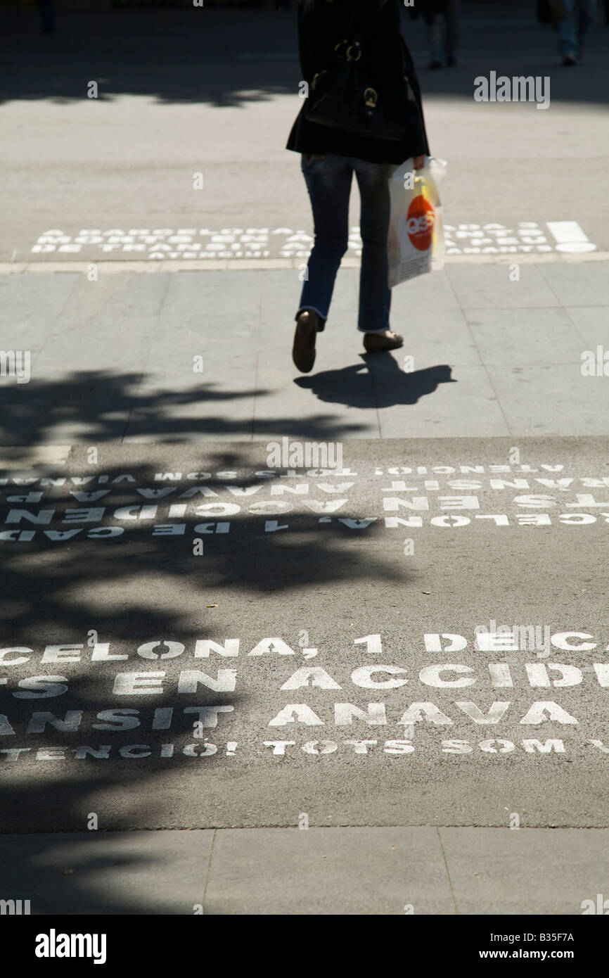SPAIN Barcelona Warnings about traffic dangers to pedestrians written