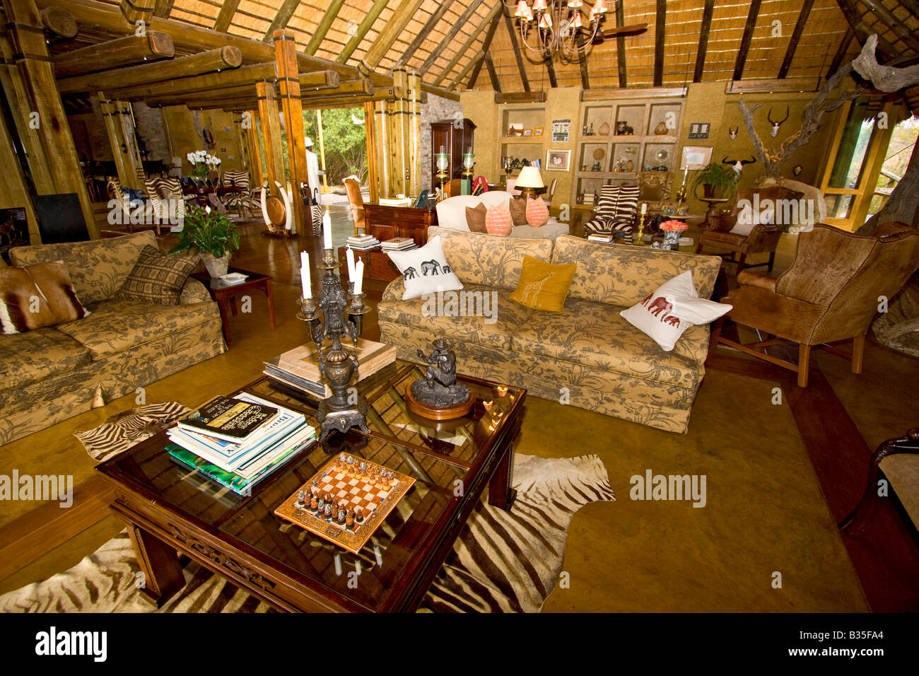 Lounge at Camp Jabulani upscale safari game park near Hoedspruit South Africa Stock Photo