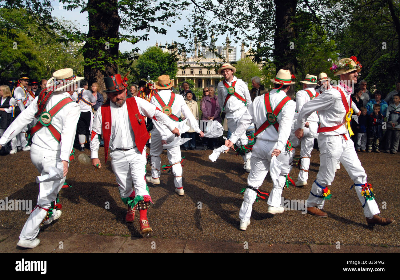 Traditional English Morris Dancers performing in the open air during
