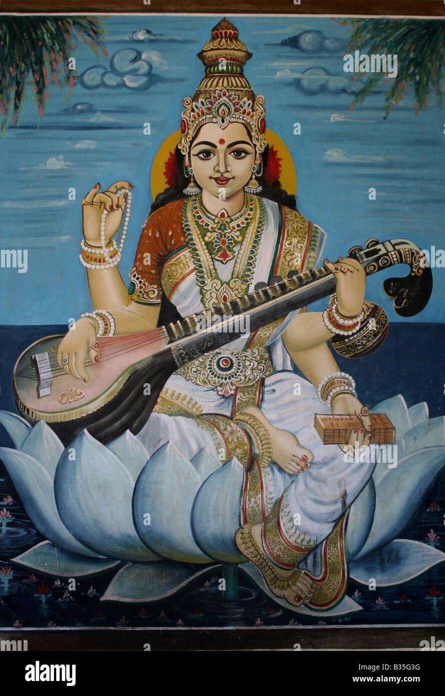 Painting of the Hindu Goddess of arts and knowledge Saraswati at a temple in India Stock Photo