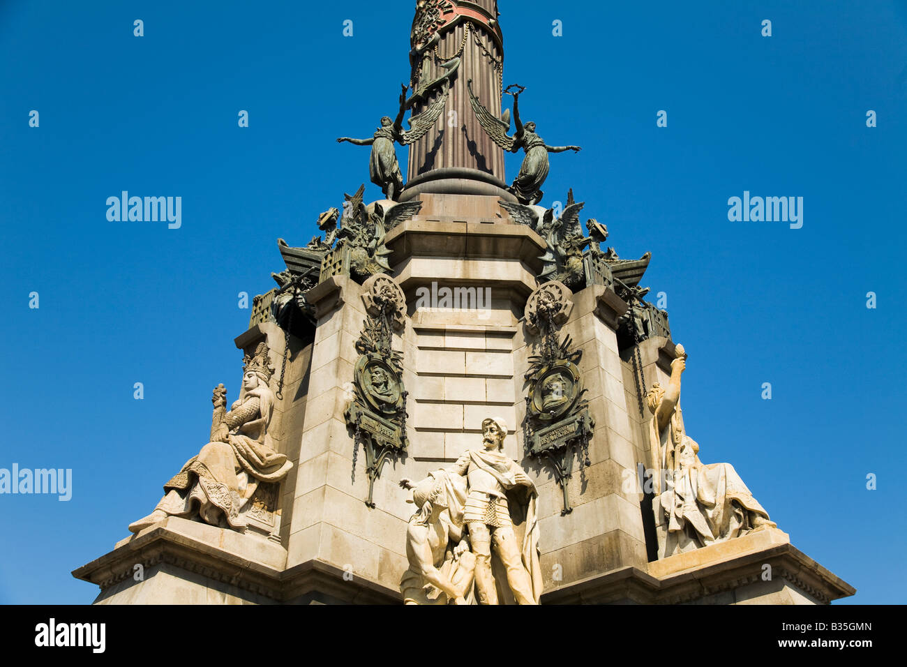 SPAIN Barcelona Detail of Columbus Monument where Ramblas meets the harbor Monument a Colom built for 1888 exposition Stock Photo