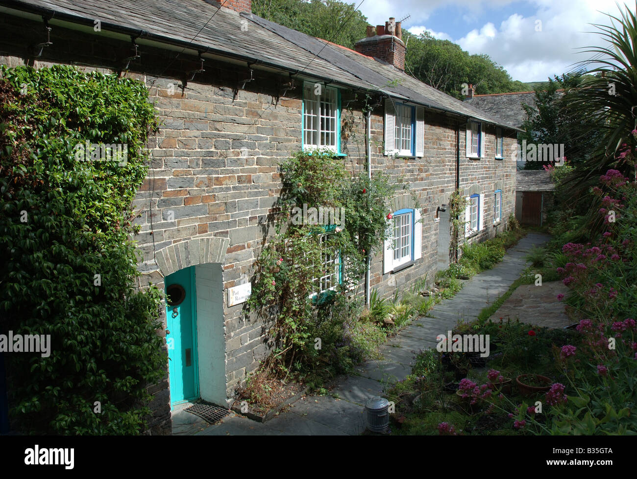 row of terraced cottages, Boscastle, Cornwall, England, UK Stock Photo