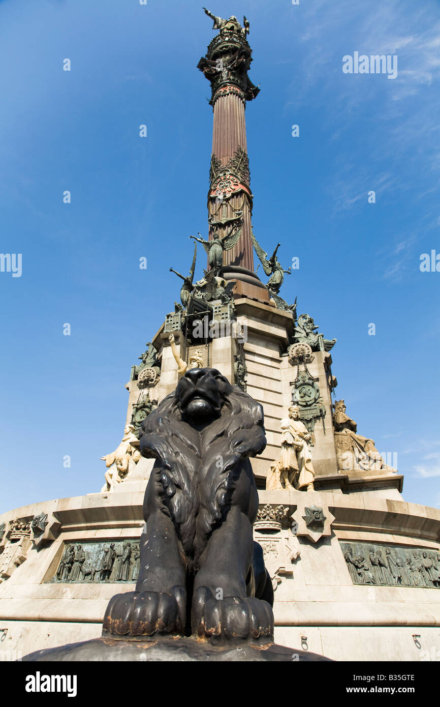 SPAIN Barcelona Lion statue at base of Christopher Columbus monument to  explorer is 200 feet tall and built for 1888 exposition Stock Photo - Alamy