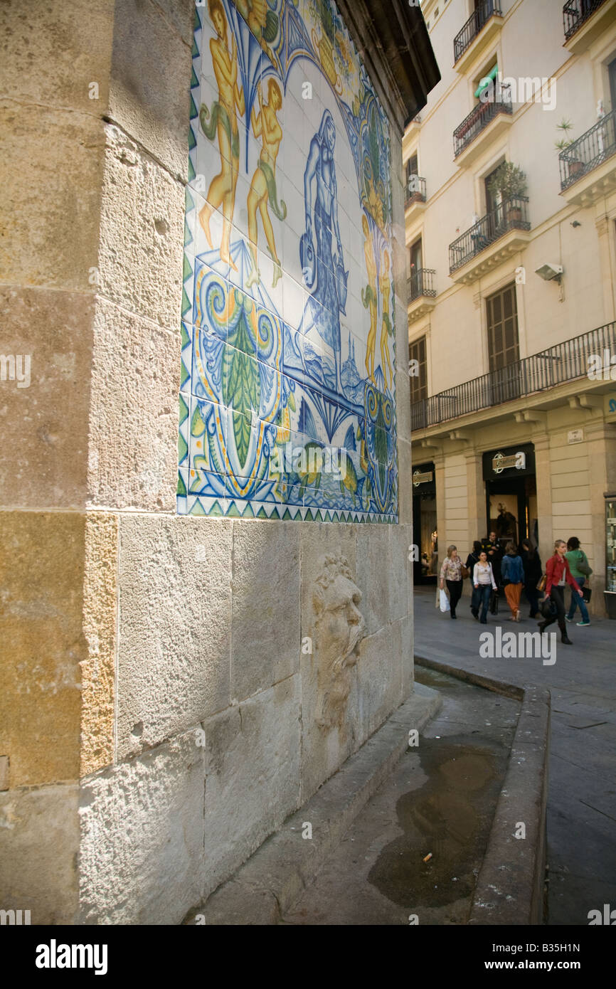 SPAIN Barcelona Decorative tiles on dry fountain near Cathedral turned off due to drought Stock Photo