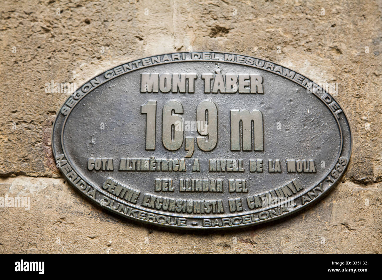 SPAIN Barcelona Plaque on wall says Mont Taber marks highest elevation in ancient Barcino Stock Photo