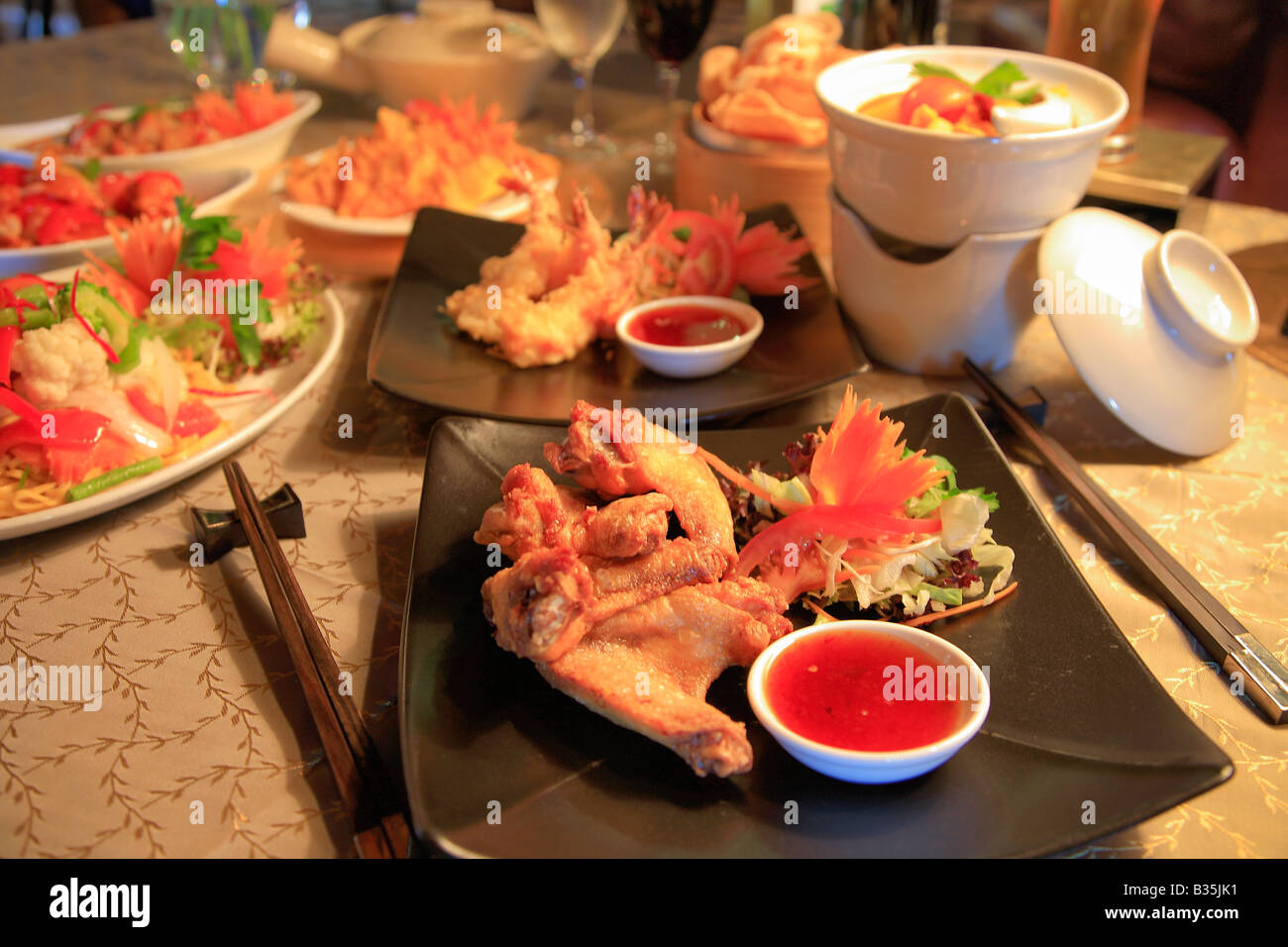 Deep Fried Chicken Wings Thai Food in a restaurant setting Stock Photo
