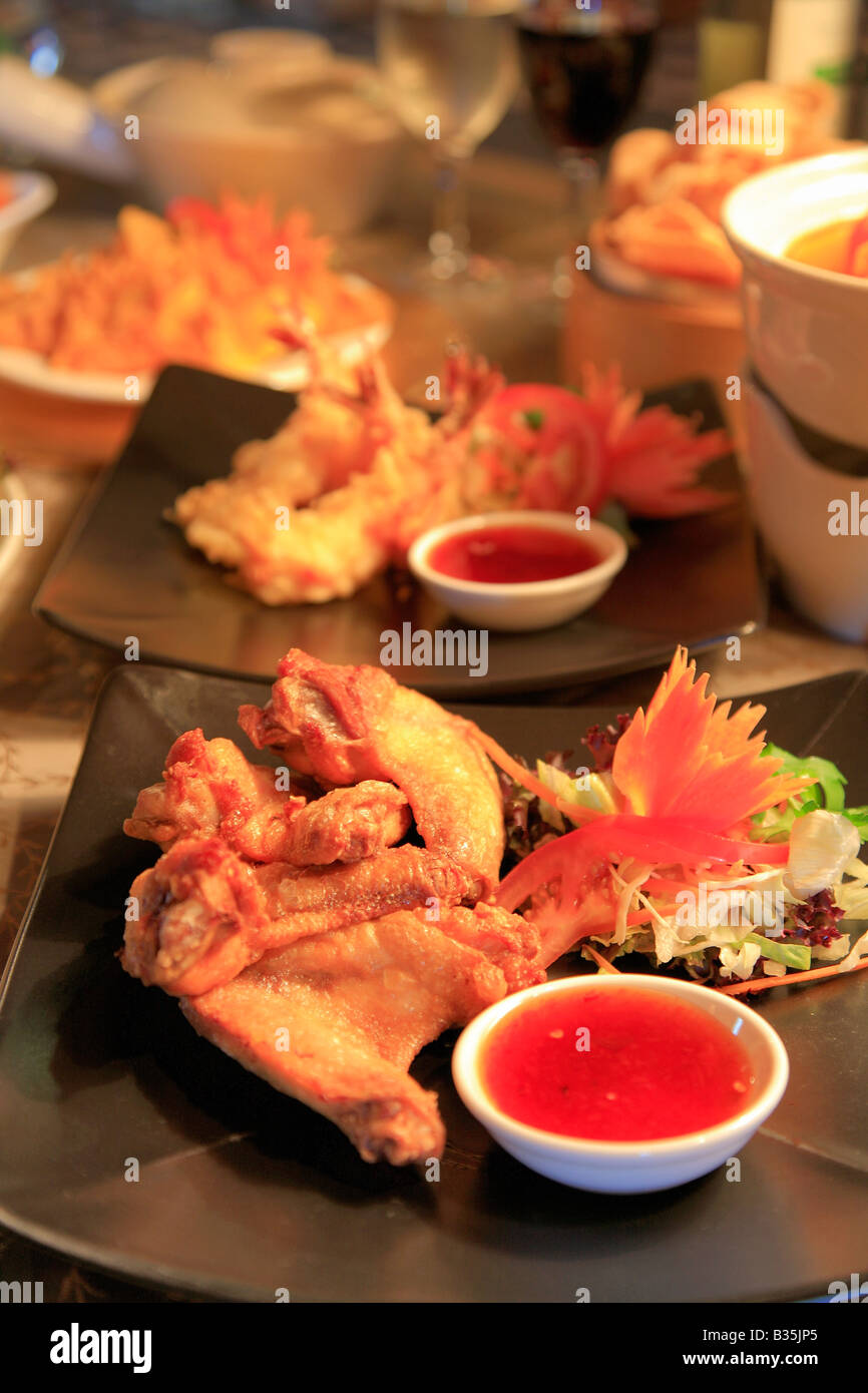 Deep Fried Chicken Wings Thai Food in a restaurant setting Stock Photo