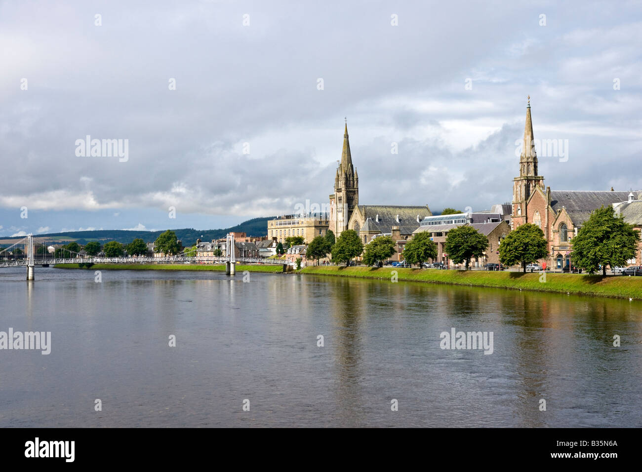 Churches along River Ness in Inverness (L to R) Old High Church, Free North Church and St Columba High Stock Photo