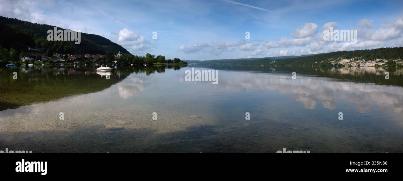 Lac de Joux, Vallée de Joux, Canton of Vaud, Switzerland. Panoramic wide angle view Stock Photo