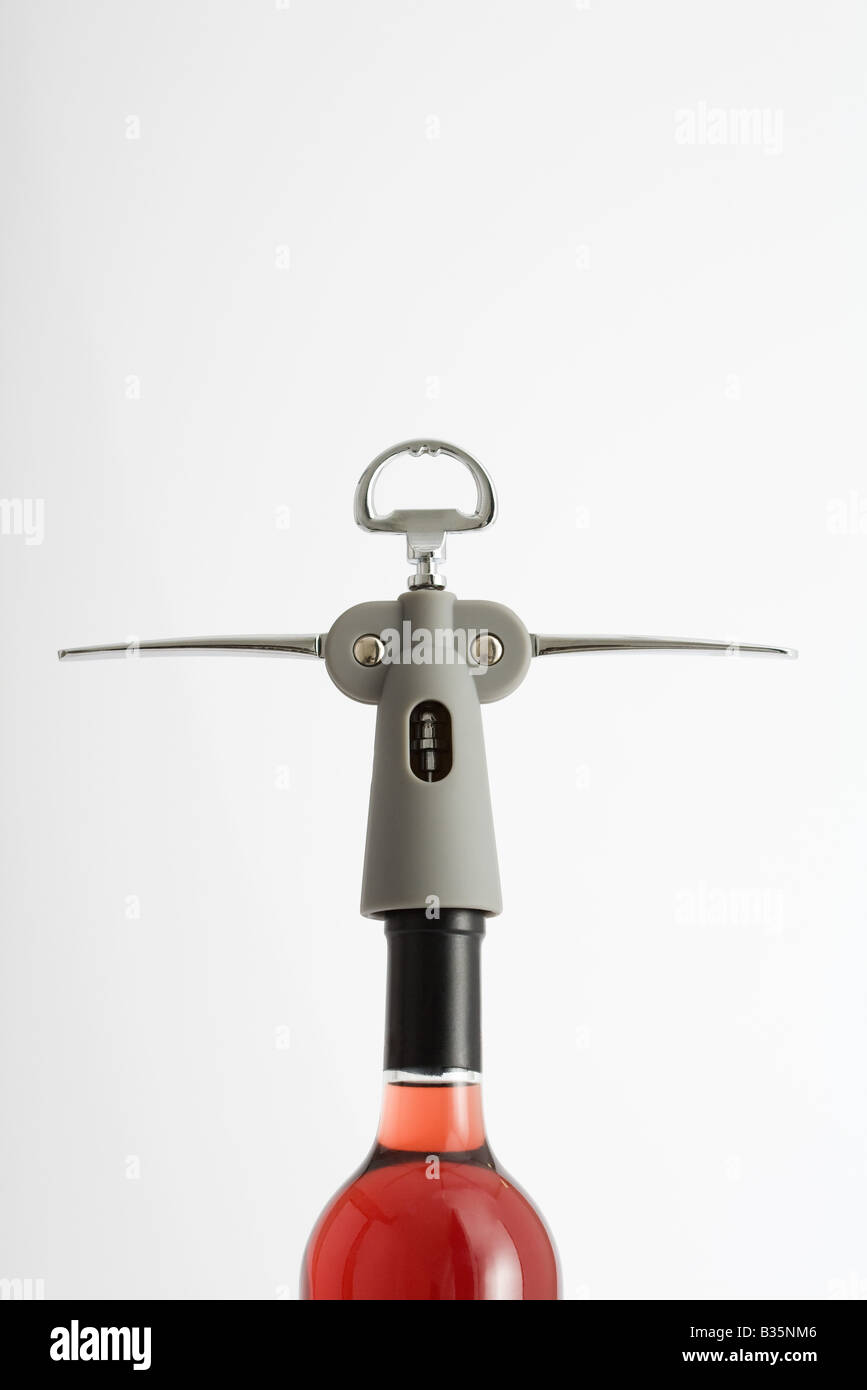 Corkscrew in wine bottle, closeup Stock Photo Alamy