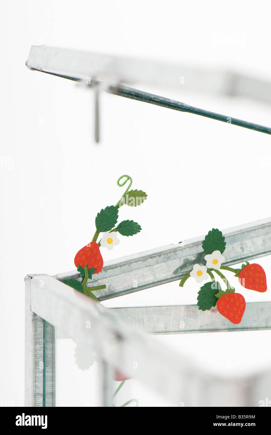 Fake strawberries emerging from glass box Stock Photo