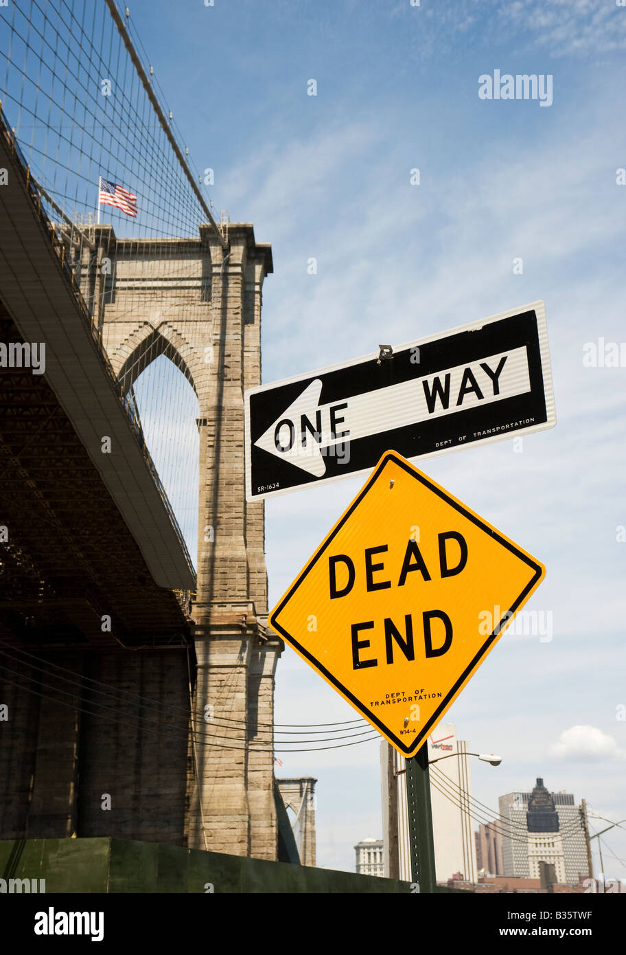 Road sign at Brooklyn Bridge New York Stock Photo