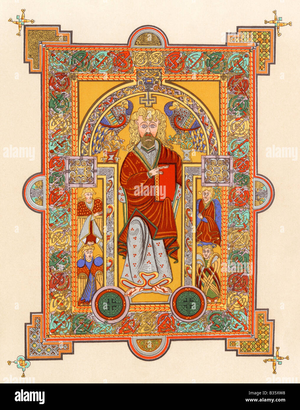 Saint Matthew, an illuminated manuscript page from the Book of Kells, 8th or 9th century AD. Color lithograph Stock Photo