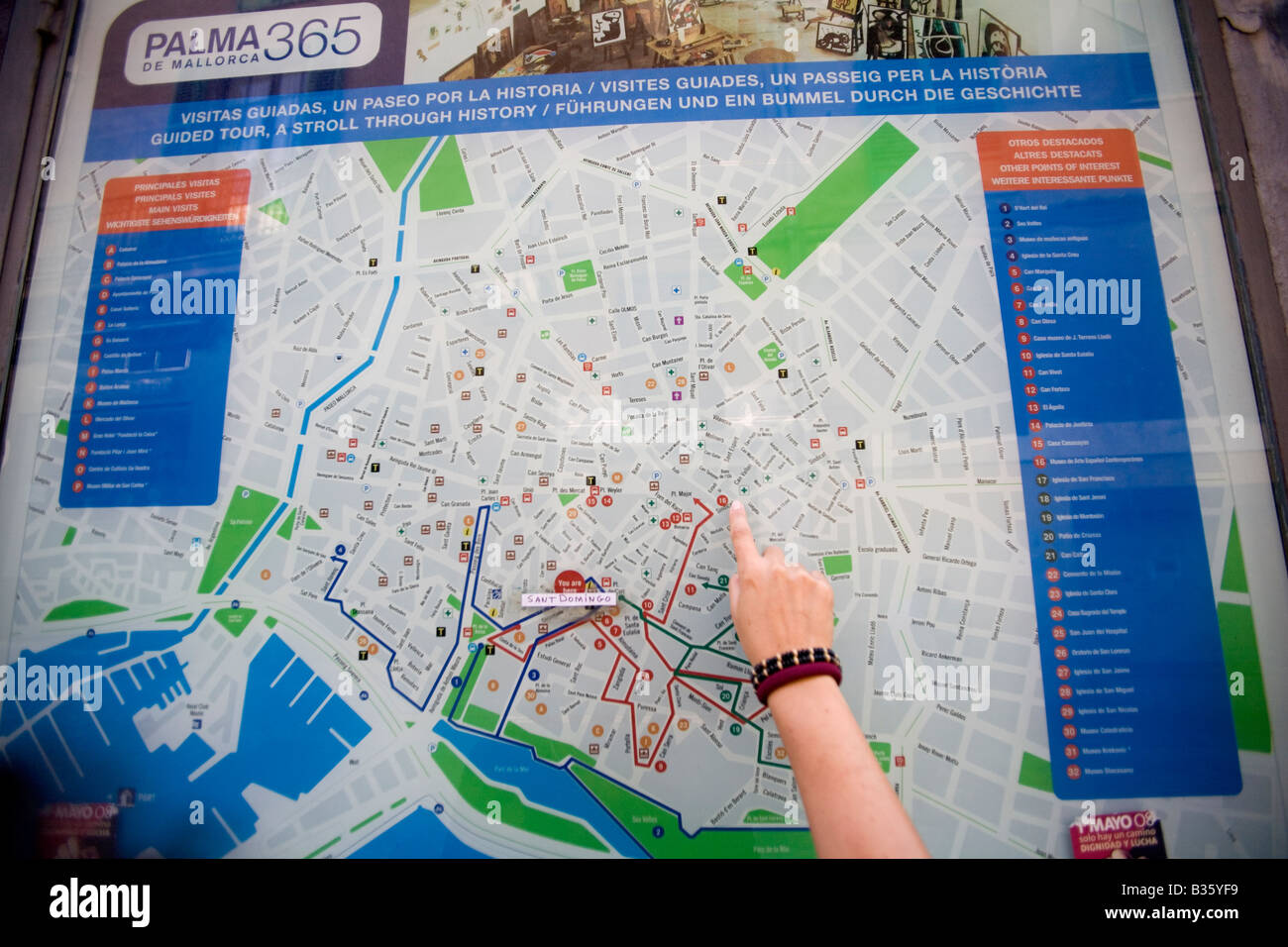 Finger pointing a public map Palma de Mallorca Majorca Island Spain Stock Photo