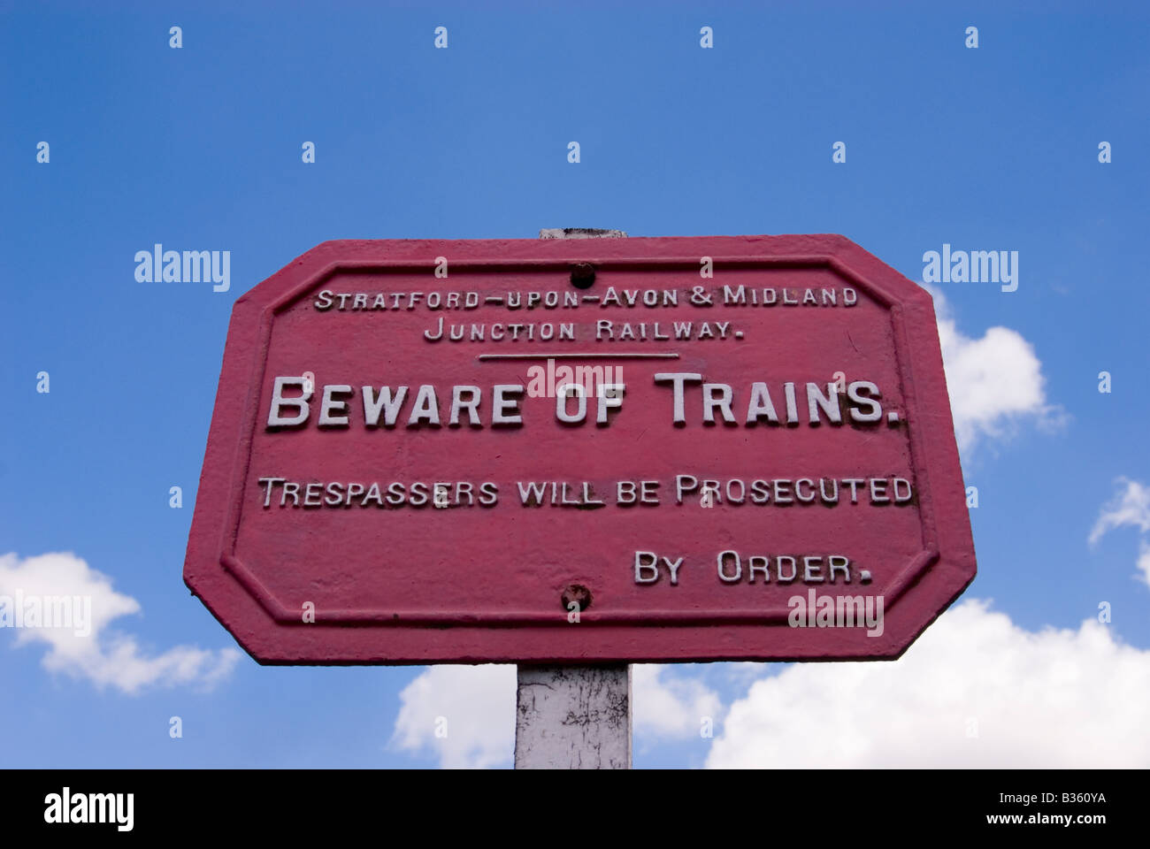 Beware of trains sign at Bressingham,Norfolk,uk Stock Photo