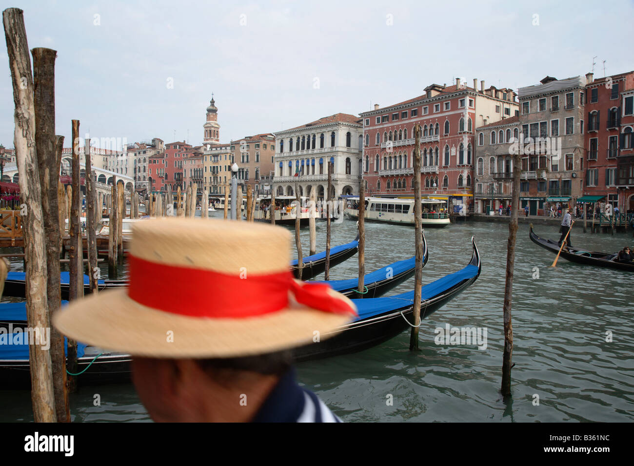 View at Canal Grande with a gondolier's hat, Venice, Italy Stock Photo
