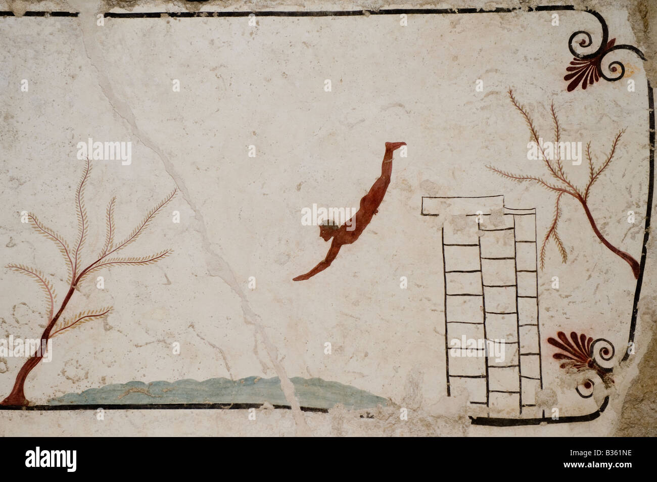 Frescoed slab from Tomb of the Diver Stock Photo