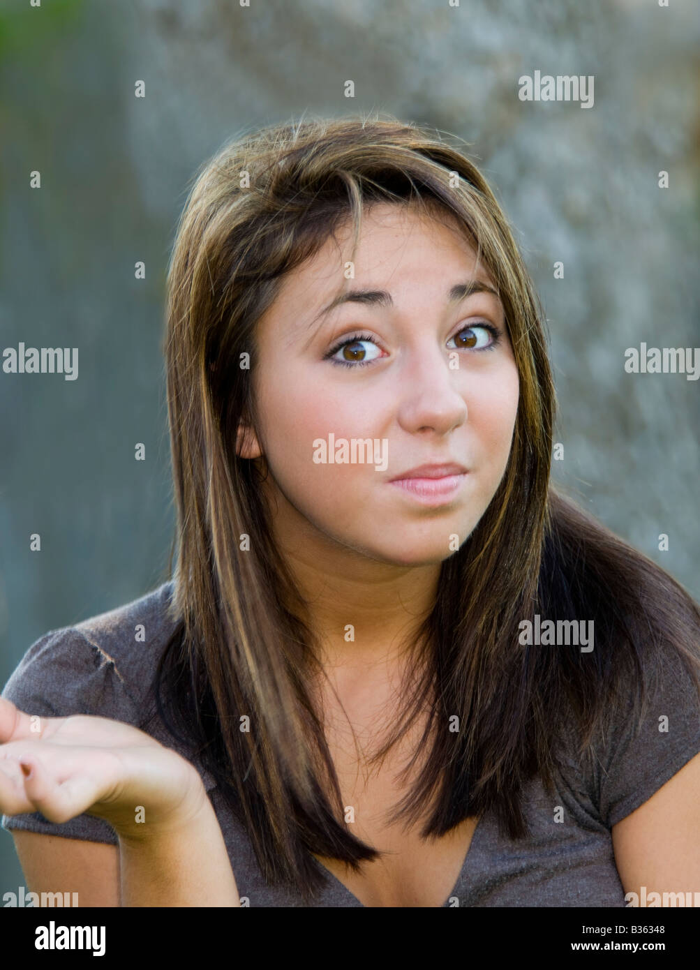 A 16 year old pretty caucasian girl, brown hair, brown eyes, shrugs and gestures. Conceptual image. Stock Photo