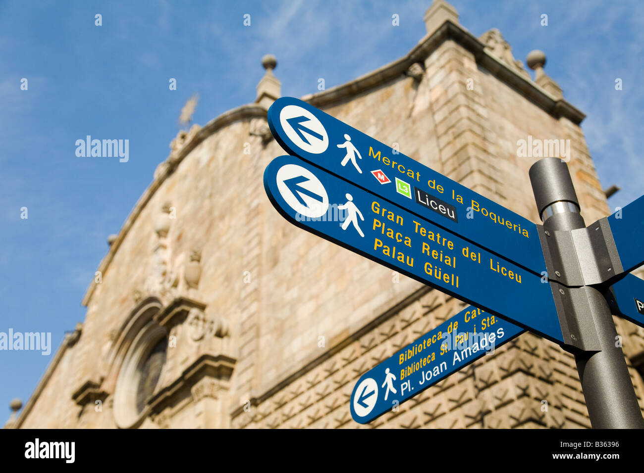 SPAIN Barcelona Signpost pointing to popular tourist destinations along Las Ramblas pedestrian walkway in the heart of the city Stock Photo