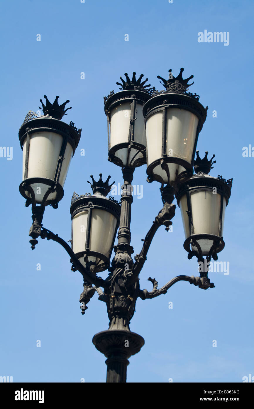 SPAIN Barcelona Lamppost along Passeig de Gracia street decorative wrought iron light fixture Stock Photo