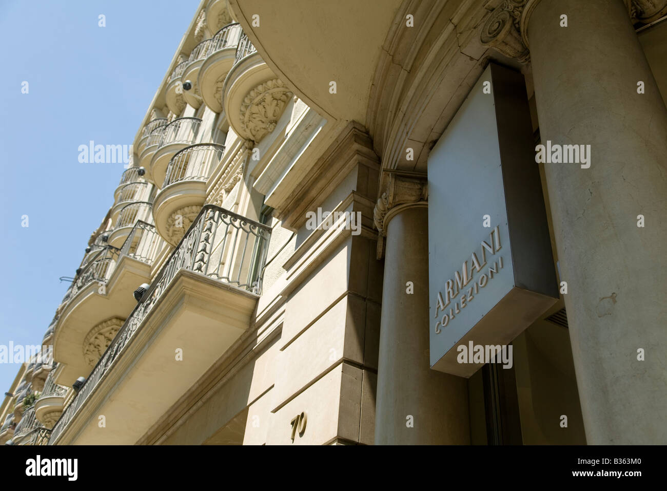 SPAIN Barcelona Exterior of Armani luxury fashion clothing store on Passeig de Gracia shopping district sign in Catalan Stock Photo