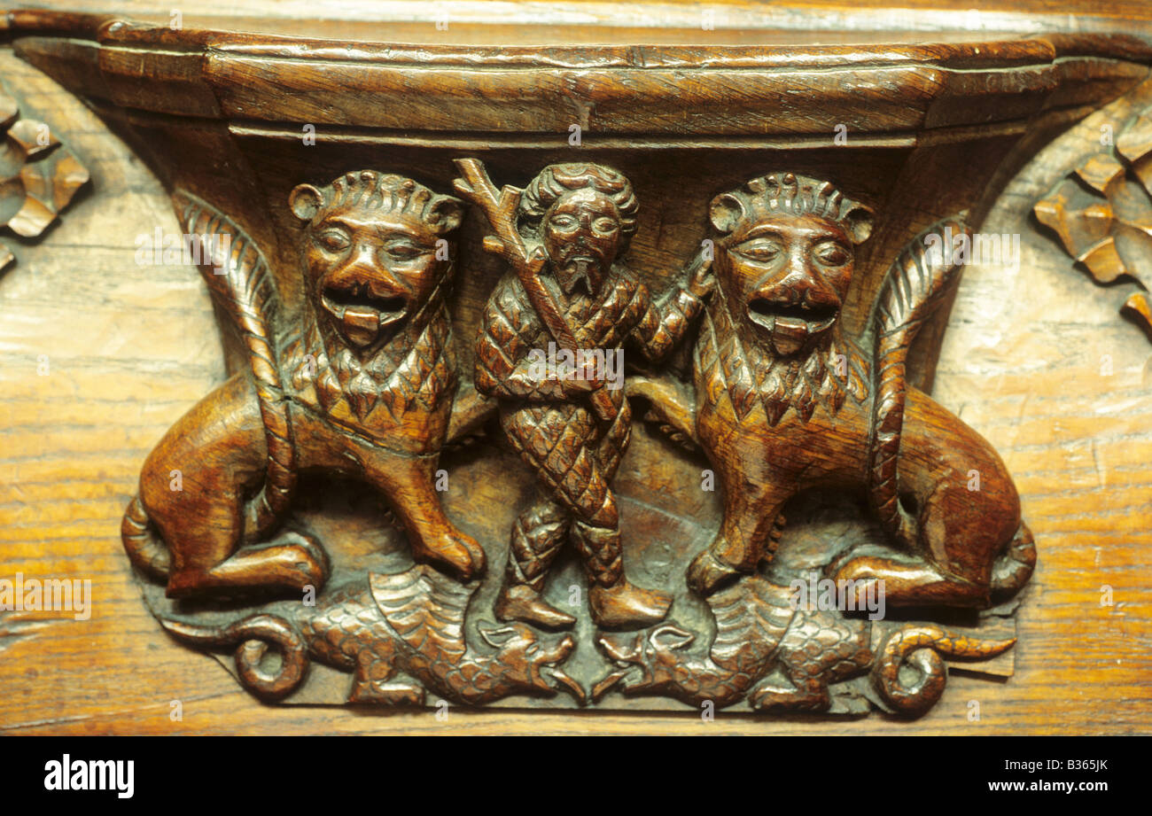 Medieval misericord Beverley St Marys Church Wodewose Green Man wild man folklore tradition myth mythical figure Yorkshire Stock Photo