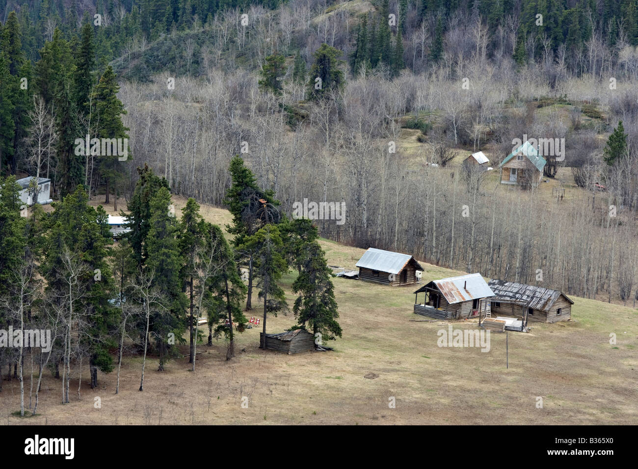 Old and new cabins dot this ranch near Telegraph Creek BC Canada Stock