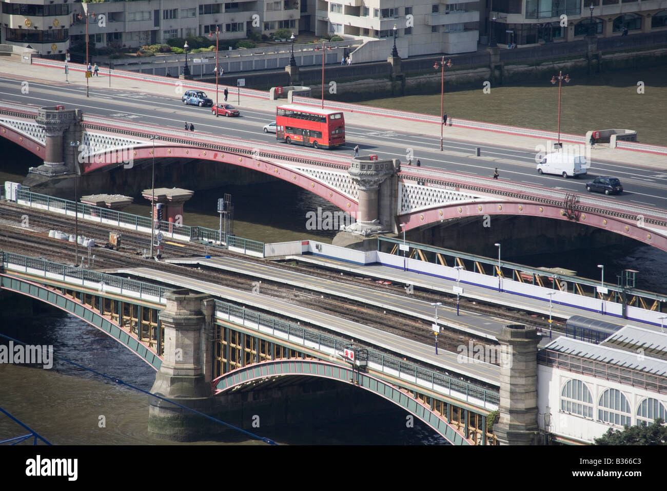 Aerial view of Blackfriars Road Bridge and Blackfriars Rail Bridge. London, England Stock Photo