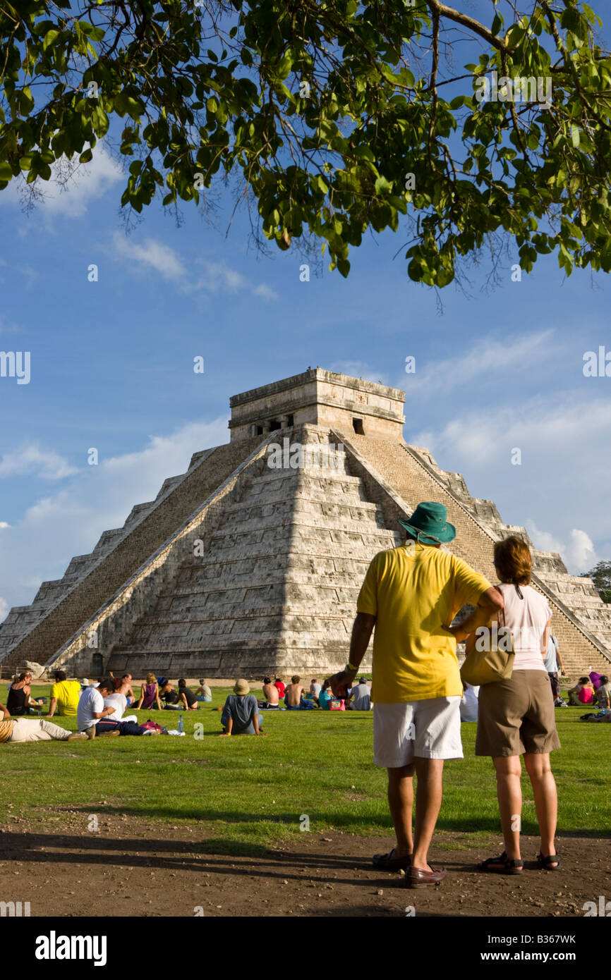 Tourists viewing El Castillo Pyramid of Kukulcan "The Castle" during