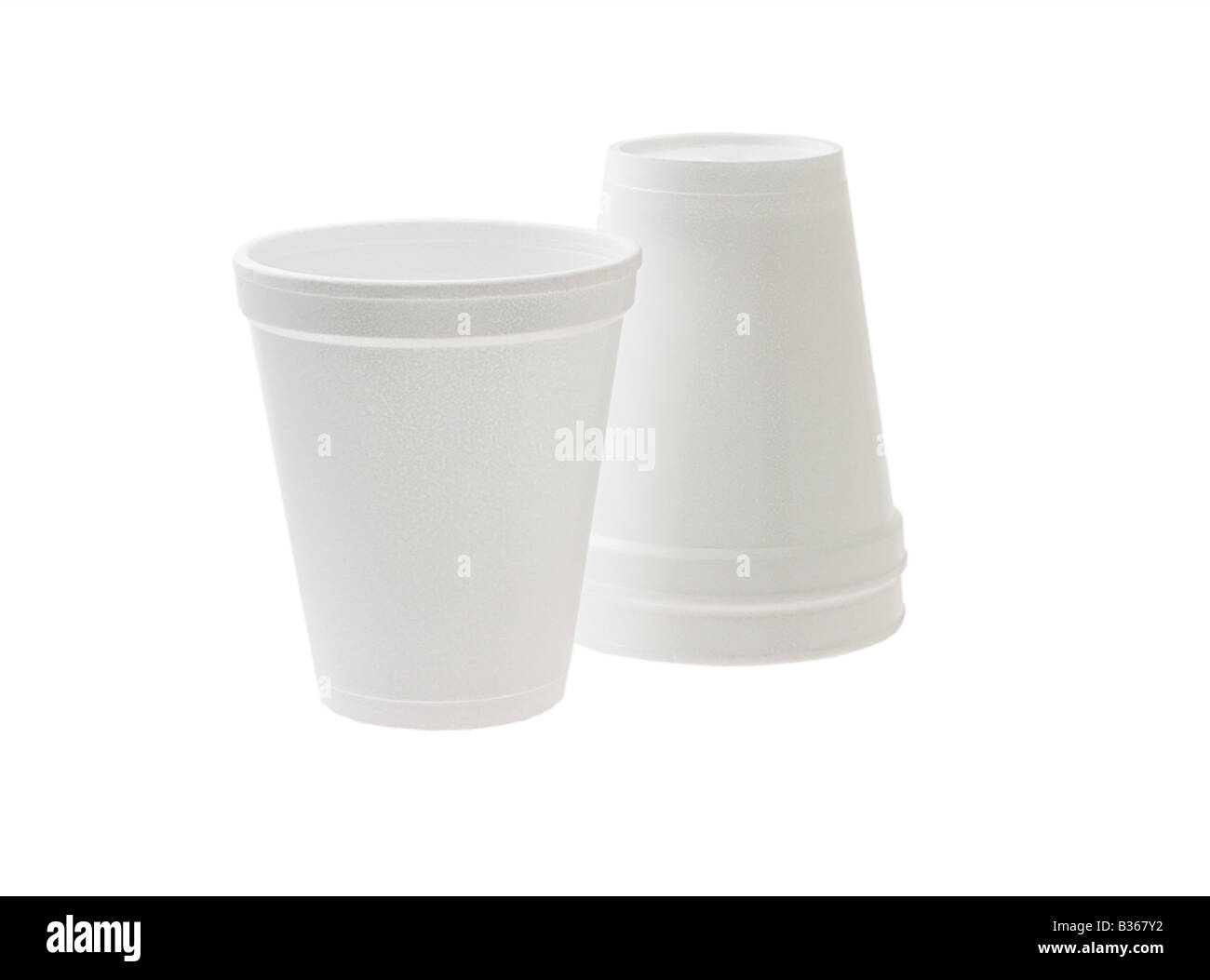 Disposable Styrofoam cups on white background Stock Photo