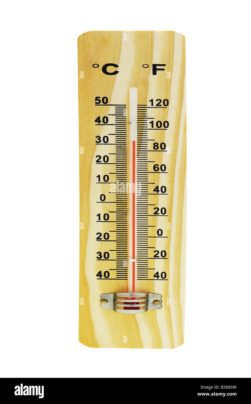 Double scale alcohol thermometer with ambient temperature plus 23 Celsius  or 73 Fahrenheit degrees. Silver plastic vertical air thermometer isolated  Stock Photo - Alamy