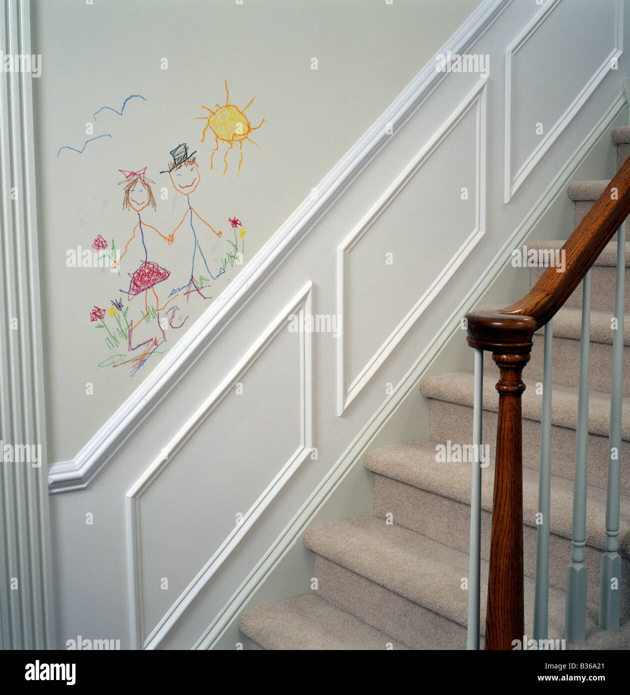 Child's crayon drawing on the wall of a private residence (home) Stock Photo