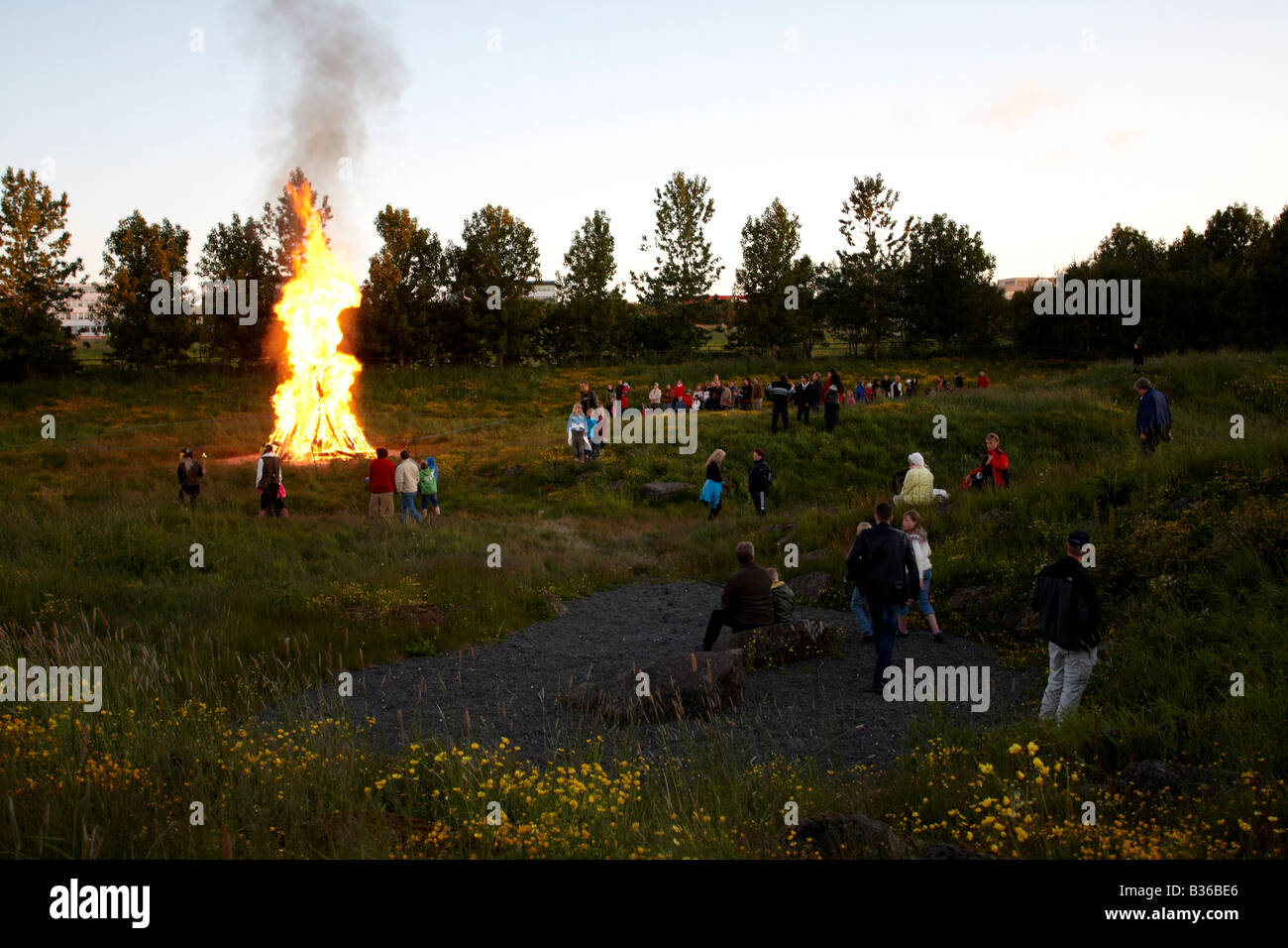 Campfire at the festival at midnight in Reykjavik Iceland Stock Photo