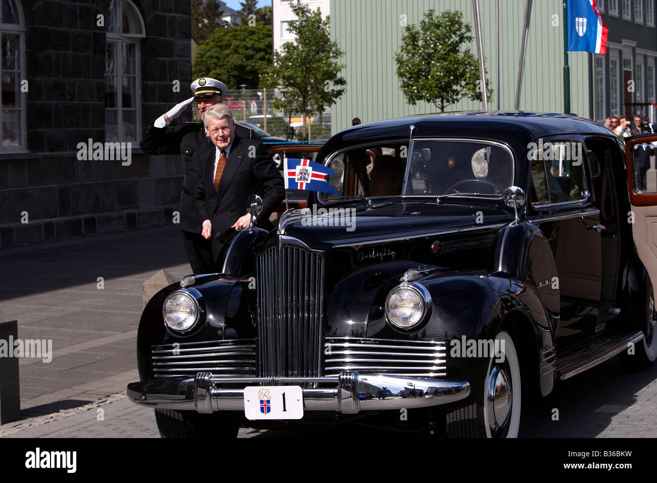 17th of June Celebration of the Independence day of Iceland the President Mr Olafur Ragnar Grimsson arrives in Packard Stock Photo