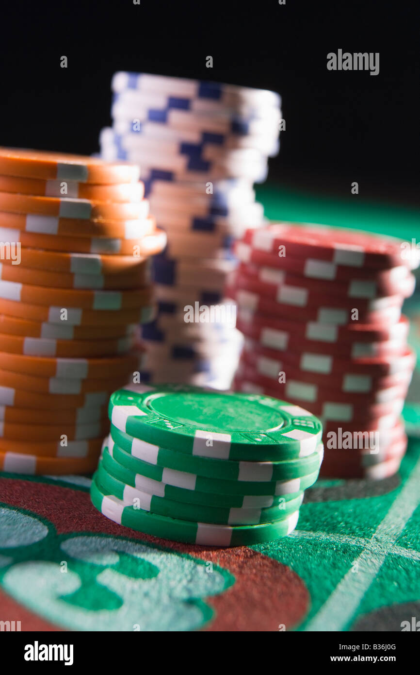 Chips piled on a roulette table (close up/depth of field) Stock Photo