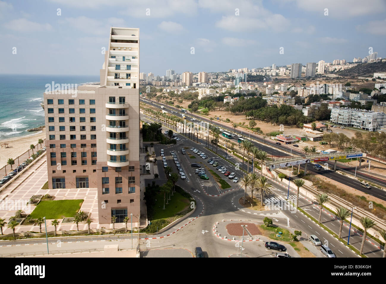 Cityscape of Haifa Israel looking north showing Le Meridien Hotel and Dado Beach Mediterranean Sea Shot August 2008 Stock Photo