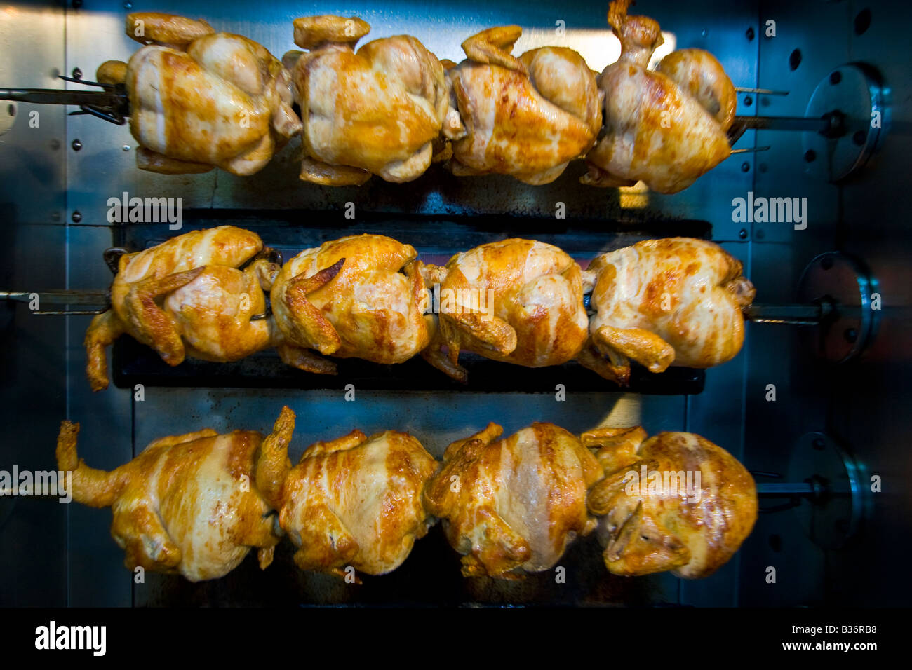Whole Rotisserie Chickens Roasting in Latakkia Syria Stock Photo