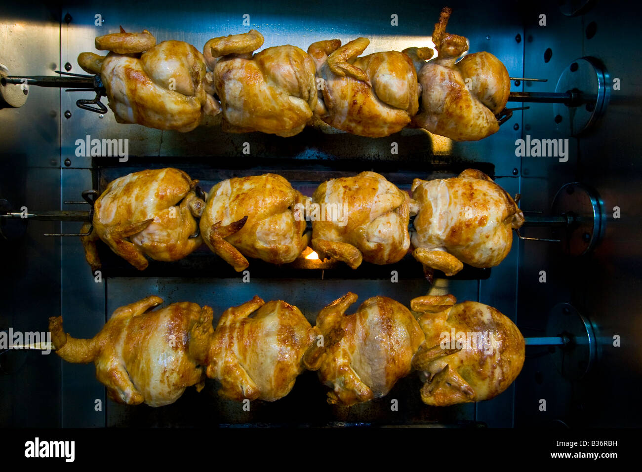 Whole Rotisserie Chickens Roasting in Latakia Syria Stock Photo