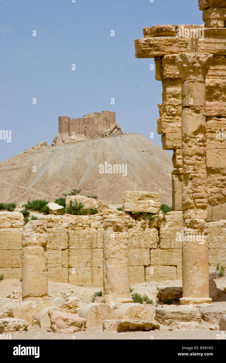 The Roman Agora and Arab Castle Qalaat Ibn Maan in Palmyra Syria Stock Photo