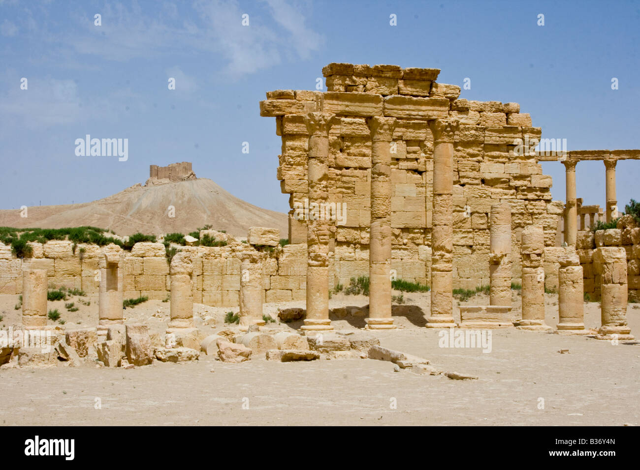 The Roman Agora and Arab Castle Qalaat Ibn Maan in Palmyra Syria Stock Photo