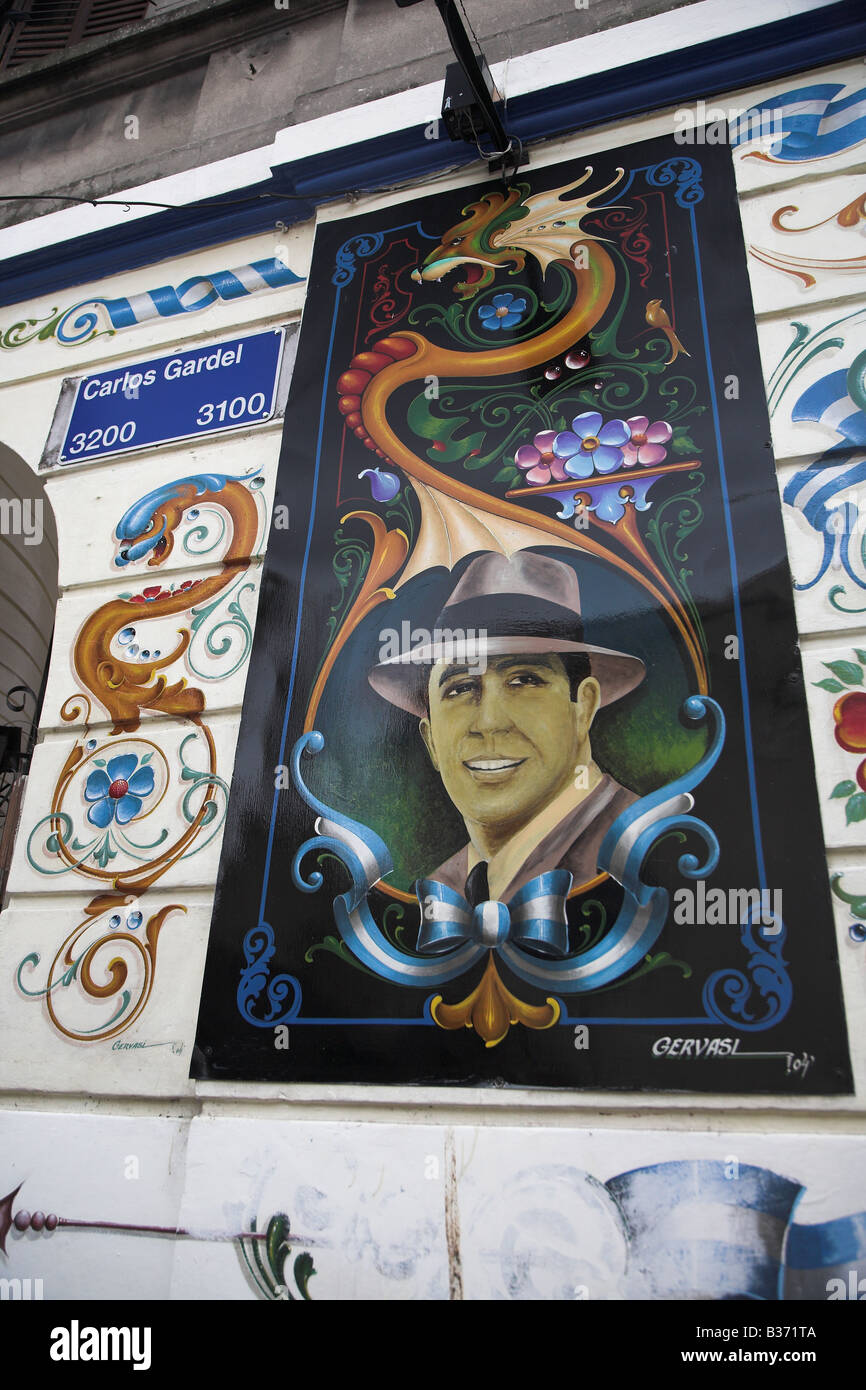 A Carlos Gardel painting with filete porteño style in the Abasto neighborhood in Buenos Aires, Argentina. Stock Photo