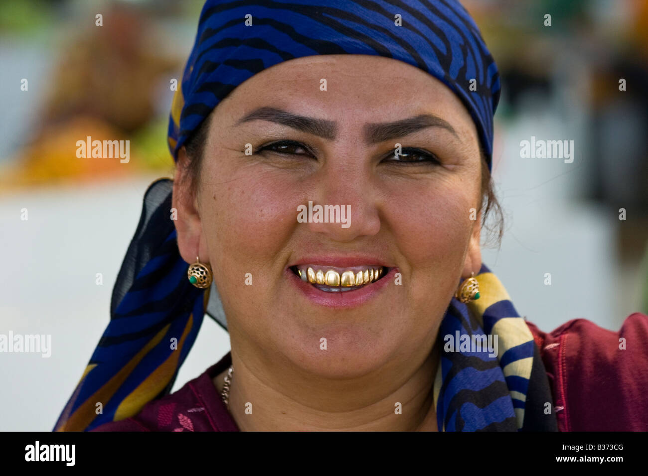 Uzbek Woman with Gold Capped Teeth in the Market in Bukhara Uzbekistan Stock Photo