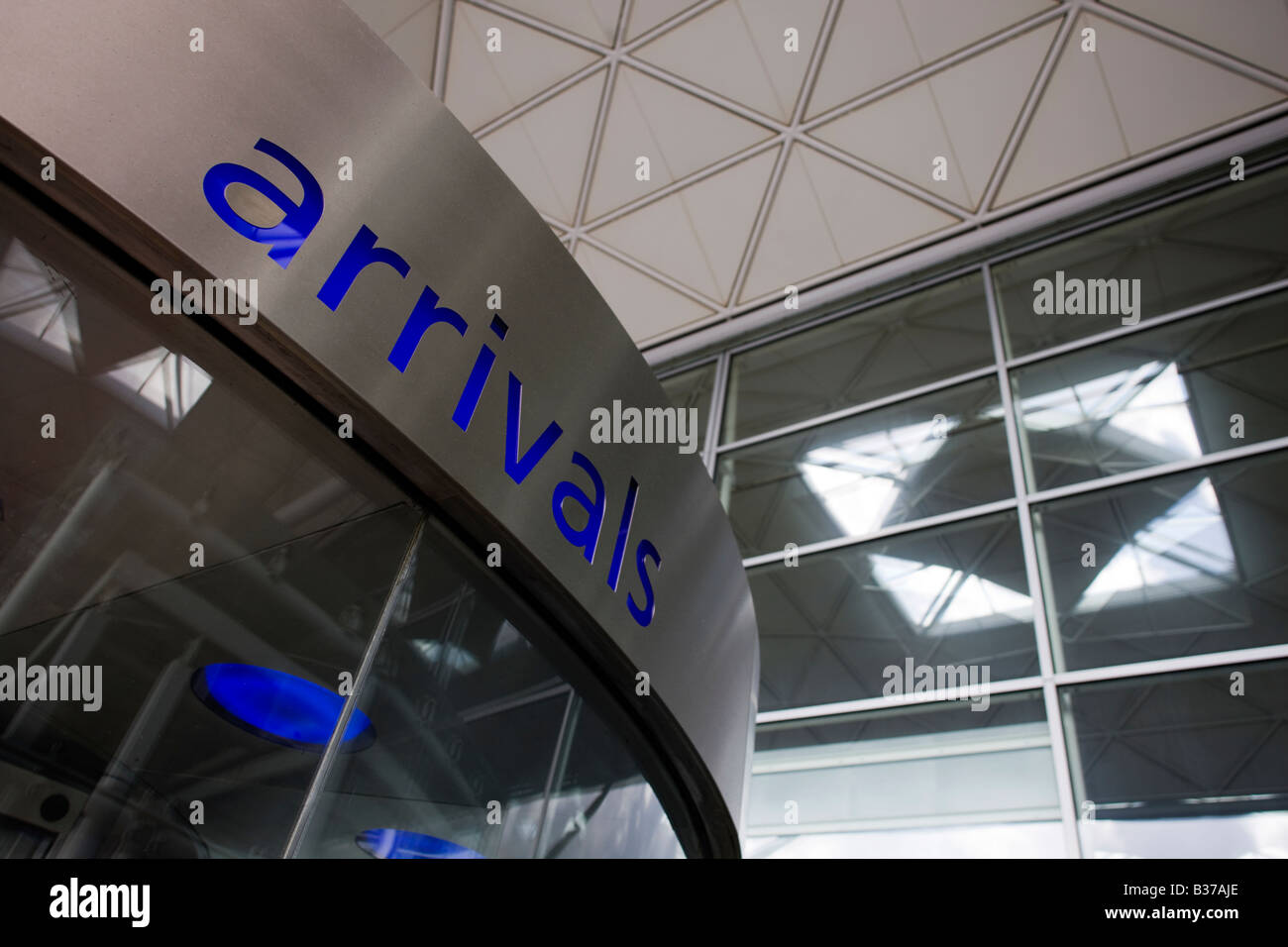 Arrival sign at London Stansted Airport in Essex UK operated by BAA the British Airport Authority Stock Photo