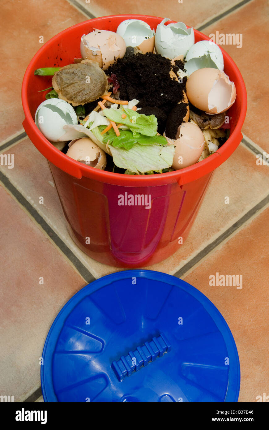 Kitchen waste ready for composting, Bawdsey, Suffolk, UK. Stock Photo