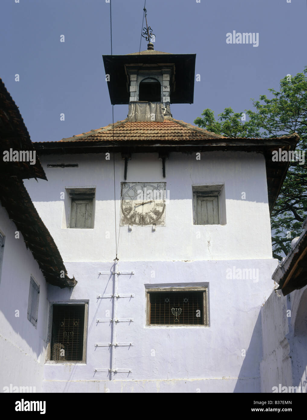 Jewish Synagogue White building Clock COCHIN KERALA INDIA Stock Photo
