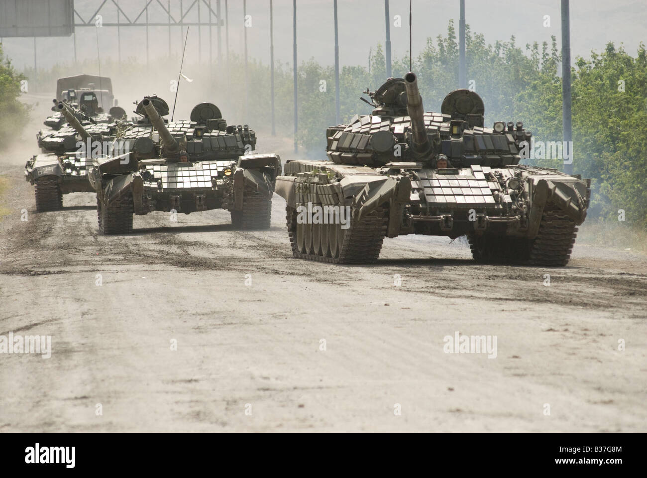 Russian tanks on their way to the city of Gori during the Russo-Georgian War. Georgia August 2008 Stock Photo