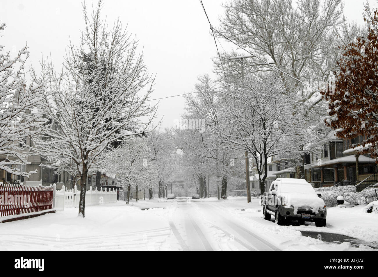 snow covered city street in cleveland ohio, usa Stock Photo Alamy