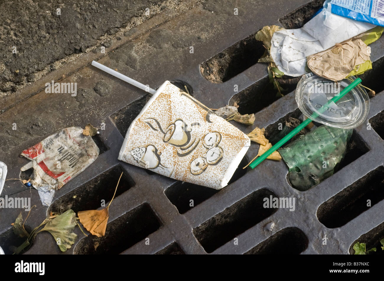 Close up of crushed coffee cup on storm drain Stock Photo