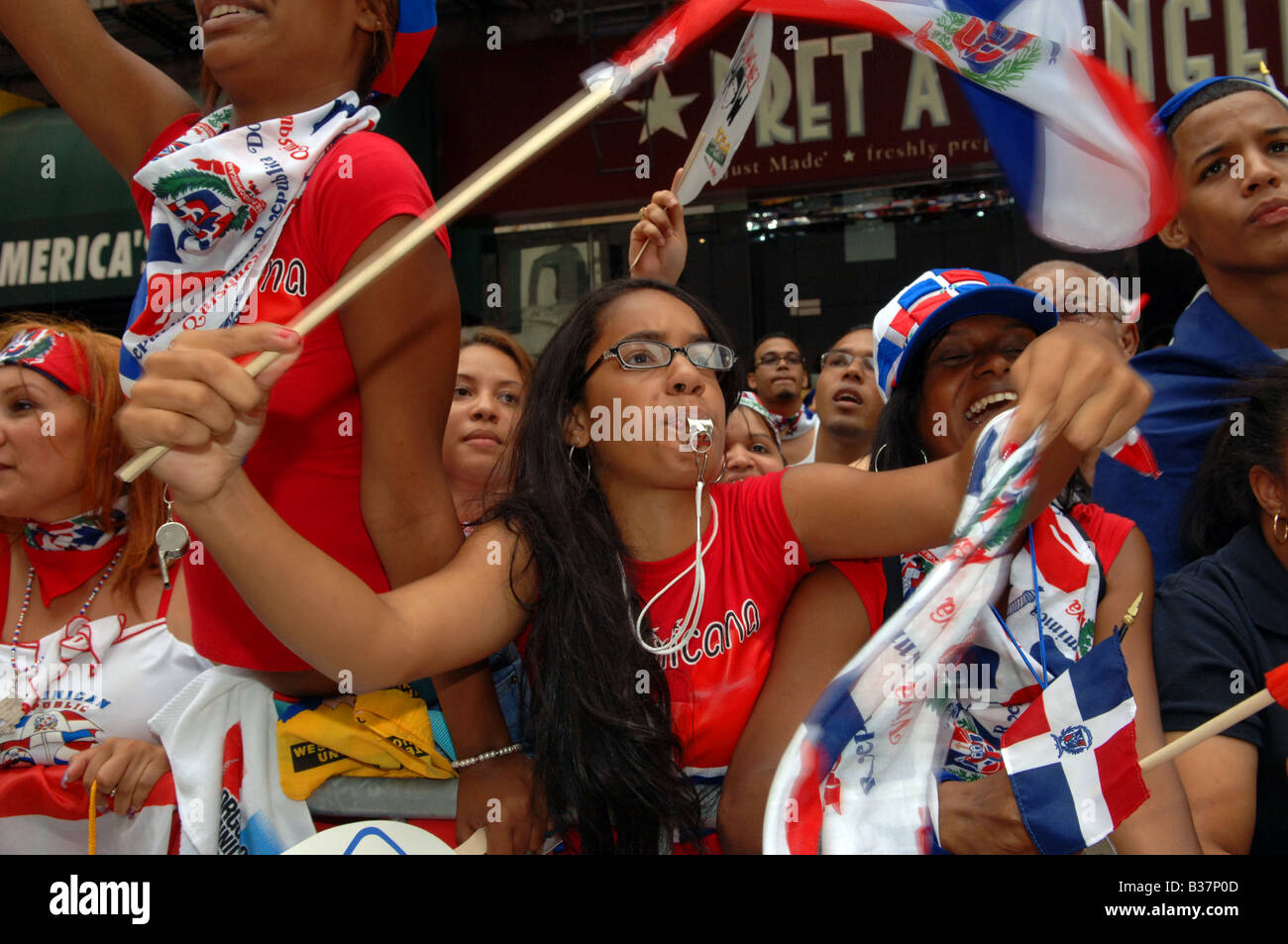 Thousands of Dominican Americans and supporters celebrate at the annual Dominican Independence Day Parade in NYC Stock Photo
