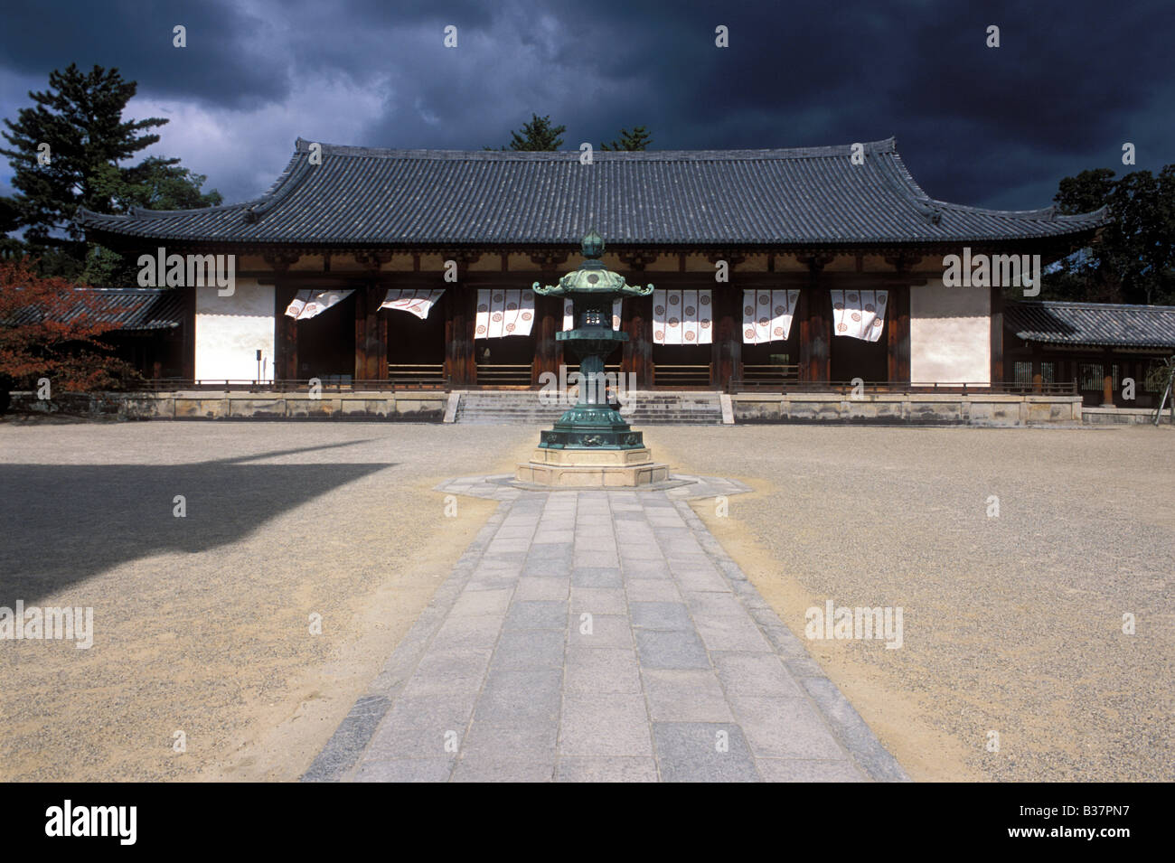 Interior courtyard and Great Lecture Hall of Horyuji Temple near Nara the oldest wooden buildings in Japan Stock Photo